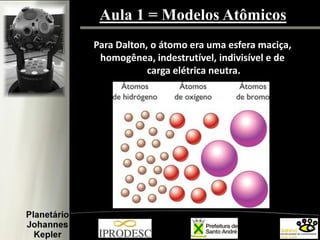 Aula 1 = Modelos Atômicos
Para Dalton, o átomo era uma esfera maciça,
homogênea, indestrutível, indivisível e de
carga elétrica neutra.
 