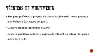  Designer gráfico: cria projetos de comunicação visual, novos produtos
e embalagens (packaging designer).
Desenha logótipos (branding designer)
Desenha panfletos, outdoors, páginas da internet ou vídeos (designer e
animador 2D/3D).
 