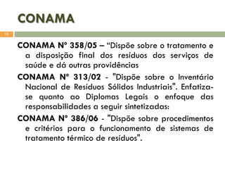 CONAMA
13

CONAMA Nº 358/05 – “Dispõe sobre o tratamento e
a disposição final dos resíduos dos serviços de
saúde e dá outras providências
CONAMA Nº 313/02 - "Dispõe sobre o Inventário
Nacional de Resíduos Sólidos Industriais". Enfatizase quanto ao Diplomas Legais o enfoque das
responsabilidades a seguir sintetizadas:
CONAMA Nº 386/06 - "Dispõe sobre procedimentos
e critérios para o funcionamento de sistemas de
tratamento térmico de resíduos".

 