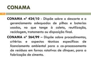CONAMA
14

CONAMA nº 424/10 - Dispõe sobre o descarte e o
gerenciamento adequados de pilhas e baterias
usadas, no que tange à coleta, reutilização,
reciclagem, tratamento ou disposição final.
CONAMA nº 264/99 – Dispõe sobre procedimentos,
critérios e aspectos técnicos específicos de
licenciamento ambiental para o co-processamento
de resíduos em fornos rotativos de clínquer, para a
fabricação de cimento.

 