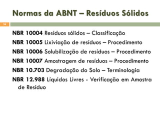 Normas da ABNT – Resíduos Sólidos
24

NBR 10004 Resíduos sólidos – Classificação
NBR 10005 Lixiviação de resíduos – Procedimento
NBR 10006 Solubilização de resíduos – Procedimento
NBR 10007 Amostragem de resíduos – Procedimento
NBR 10.703 Degradação do Solo – Terminologia
NBR 12.988 Líquidos Livres - Verificação em Amostra
de Resíduo

 