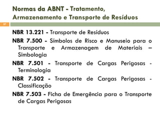 Normas da ABNT - Tratamento,
Armazenamento e Transporte de Resíduos
27

NBR 13.221 - Transporte de Resíduos
NBR 7.500 - Símbolos de Risco e Manuseio para o
Transporte e Armazenagem de Materiais –
Simbologia
NBR 7.501 - Transporte de Cargas Perigosas Terminologia
NBR 7.502 - Transporte de Cargas Perigosas Classificação
NBR 7.503 - Ficha de Emergência para o Transporte
de Cargas Perigosas

 