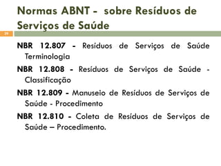 Normas ABNT - sobre Resíduos de
Serviços de Saúde
29

NBR 12.807 - Resíduos de Serviços de Saúde
Terminologia
NBR 12.808 - Resíduos de Serviços de Saúde Classificação
NBR 12.809 - Manuseio de Resíduos de Serviços de
Saúde - Procedimento
NBR 12.810 - Coleta de Resíduos de Serviços de
Saúde – Procedimento.

 