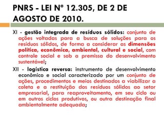 PNRS - LEI Nº 12.305, DE 2 DE
AGOSTO DE 2010.
XI - gestão integrada de resíduos sólidos: conjunto de
ações voltadas para a busca de soluções para os
resíduos sólidos, de forma a considerar as dimensões
política, econômica, ambiental, cultural e social, com
controle social e sob a premissa do desenvolvimento
sustentável;
XII - logística reversa: instrumento de desenvolvimento
econômico e social caracterizado por um conjunto de
ações, procedimentos e meios destinados a viabilizar a
coleta e a restituição dos resíduos sólidos ao setor
empresarial, para reaproveitamento, em seu ciclo ou
em outros ciclos produtivos, ou outra destinação final
ambientalmente adequada;

 