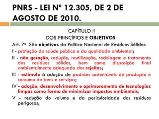 PNRS - LEI Nº 12.305, DE 2 DE
AGOSTO DE 2010.
CAPÍTULO II
DOS PRINCÍPIOS E OBJETIVOS
Art. 7o São objetivos da Política Nacional de Resíduos Sólidos:
I - proteção da saúde pública e da qualidade ambiental;
II - não geração, redução, reutilização, reciclagem e tratamento
dos resíduos sólidos, bem como disposição final
ambientalmente adequada dos rejeitos;
III - estímulo à adoção de padrões sustentáveis de produção e
consumo de bens e serviços;
IV - adoção, desenvolvimento e aprimoramento de tecnologias
limpas como forma de minimizar impactos ambientais;
V - redução do volume e da periculosidade dos resíduos
perigosos;

 