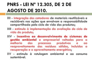 PNRS - LEI Nº 12.305, DE 2 DE
AGOSTO DE 2010.
XII - integração dos catadores de materiais reutilizáveis e
recicláveis nas ações que envolvam a responsabilidade
compartilhada pelo ciclo de vida dos produtos;
XIII - estímulo à implementação da avaliação do ciclo de
vida do produto;
XIV - incentivo ao desenvolvimento de sistemas de
gestão ambiental e empresarial voltados para a
melhoria
dos
processos
produtivos
e
ao
reaproveitamento dos resíduos sólidos, incluídos a
recuperação e o aproveitamento energético;
XV - estímulo à rotulagem ambiental e ao consumo
sustentável.

 