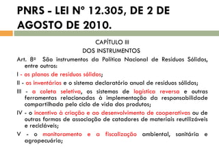 PNRS - LEI Nº 12.305, DE 2 DE
AGOSTO DE 2010.
CAPÍTULO III
DOS INSTRUMENTOS
Art. 8o São instrumentos da Política Nacional de Resíduos Sólidos,
entre outros:
I - os planos de resíduos sólidos;
II - os inventários e o sistema declaratório anual de resíduos sólidos;
III - a coleta seletiva, os sistemas de logística reversa e outras
ferramentas relacionadas à implementação da responsabilidade
compartilhada pelo ciclo de vida dos produtos;
IV - o incentivo à criação e ao desenvolvimento de cooperativas ou de
outras formas de associação de catadores de materiais reutilizáveis
e recicláveis;
V - o monitoramento e a fiscalização ambiental, sanitária e
agropecuária;

 