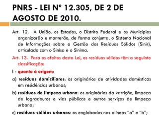 PNRS - LEI Nº 12.305, DE 2 DE
AGOSTO DE 2010.
Art. 12. A União, os Estados, o Distrito Federal e os Municípios
organizarão e manterão, de forma conjunta, o Sistema Nacional
de Informações sobre a Gestão dos Resíduos Sólidos (Sinir),
articulado com o Sinisa e o Sinima.
Art. 13. Para os efeitos desta Lei, os resíduos sólidos têm a seguinte
classificação:
I - quanto à origem:

a) resíduos domiciliares: os originários de atividades domésticas
em residências urbanas;
b) resíduos de limpeza urbana: os originários da varrição, limpeza
de logradouros e vias públicas e outros serviços de limpeza
urbana;
c) resíduos sólidos urbanos: os englobados nas alíneas “a” e “b”;

 