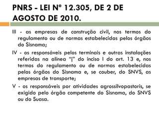 PNRS - LEI Nº 12.305, DE 2 DE
AGOSTO DE 2010.
III - as empresas de construção civil, nos termos do
regulamento ou de normas estabelecidas pelos órgãos
do Sisnama;
IV - os responsáveis pelos terminais e outras instalações
referidas na alínea “j” do inciso I do art. 13 e, nos
termos do regulamento ou de normas estabelecidas
pelos órgãos do Sisnama e, se couber, do SNVS, as
empresas de transporte;
V - os responsáveis por atividades agrossilvopastoris, se
exigido pelo órgão competente do Sisnama, do SNVS
ou do Suasa.

 