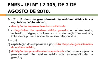 PNRS - LEI Nº 12.305, DE 2 DE
AGOSTO DE 2010.
Art. 21. O plano de gerenciamento de resíduos sólidos tem o
seguinte conteúdo mínimo:
I - descrição do empreendimento ou atividade;
II - diagnóstico dos resíduos sólidos gerados ou administrados,
contendo a origem, o volume e a caracterização dos resíduos,
incluindo os passivos ambientais a eles relacionados;
III – (...)
a) explicitação dos responsáveis por cada etapa do gerenciamento
de resíduos sólidos;
b) definição dos procedimentos operacionais relativos às etapas do
gerenciamento de resíduos sólidos sob responsabilidade do
gerador;

 