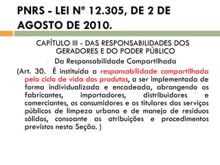 PNRS - LEI Nº 12.305, DE 2 DE
AGOSTO DE 2010.
CAPÍTULO III - DAS RESPONSABILIDADES DOS
GERADORES E DO PODER PÚBLICO
- Da Responsabilidade Compartilhada
(Art. 30. É instituída a responsabilidade compartilhada
pelo ciclo de vida dos produtos, a ser implementada de
forma individualizada e encadeada, abrangendo os
fabricantes,
importadores,
distribuidores
e
comerciantes, os consumidores e os titulares dos serviços
públicos de limpeza urbana e de manejo de resíduos
sólidos, consoante as atribuições e procedimentos
previstos nesta Seção. )

 