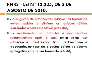 PNRS - LEI Nº 12.305, DE 2 DE
AGOSTO DE 2010.
II - divulgação de informações relativas às formas de
evitar, reciclar e eliminar os resíduos sólidos
associados a seus respectivos produtos;
III - recolhimento dos produtos e dos resíduos
remanescentes após o uso, assim como sua
subsequente destinação final ambientalmente
adequada, no caso de produtos objeto de sistema
de logística reversa na forma do art. 33;

 