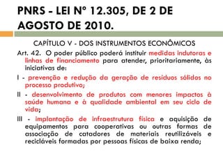PNRS - LEI Nº 12.305, DE 2 DE
AGOSTO DE 2010.
CAPÍTULO V - DOS INSTRUMENTOS ECONÔMICOS
Art. 42. O poder público poderá instituir medidas indutoras e
linhas de financiamento para atender, prioritariamente, às
iniciativas de:
I - prevenção e redução da geração de resíduos sólidos no
processo produtivo;
II - desenvolvimento de produtos com menores impactos à
saúde humana e à qualidade ambiental em seu ciclo de
vida;
III - implantação de infraestrutura física e aquisição de
equipamentos para cooperativas ou outras formas de
associação de catadores de materiais reutilizáveis e
recicláveis formadas por pessoas físicas de baixa renda;

 