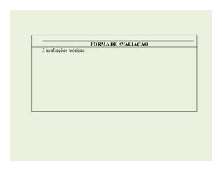 ____________________________________________________________
FORMA DE AVALIAÇÃO
3 avaliações teóricas
 