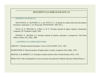 ________________________________________________________________________________
REFERÊNCIAS BIBLIOGRÁFICASREFERÊNCIAS BIBLIOGRÁFICAS
1.1. REFERÊNCIASREFERÊNCIAS BÁSICASBÁSICAS::
MALAVOLTA, E.; OLIVEIRA, S. A. de; VITTI, G. C. Avaliação do estado nutricional das plantas:
princípios e aplicações. 2. ed. Piracicaba: POTAFOGOS, 1989. 201 p.
HAAG, H. P.; MINAMI, K.; LIMA, A. M. P.. Nutrição mineral de alguns espécies ornamentais.
Campinas, SP: Fundação Cargill, 1989.
EPSTEIN, E.; BLOOM, A.J. Nutrição mineral de plantas: princípios e perspectivas. São Paulo,
Editora Planta, 2ed., 402p., 2006.
22.. REFERÊNCIASREFERÊNCIAS COMPLEMENTARESCOMPLEMENTARES::
FAQUIN, V. Nutrição mineral de plantas. Lavras, UFLA/FAEPE, 227p., 1994.
MARSCHNER, H. Mineral nutrition of higher plants. London, Academic Press, 889p., 1995.
MENGEL, K & KIRKBY, E.A. Principles of plant nutrition. Bern, Potash Institute, 687p., 1987.
RESH, H.M. Cultivos hidropônicos: nuevas técnicas de producción. Madrid, Ediciones Mundi-Prensa, 5
 