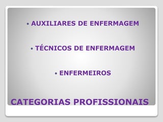CATEGORIAS PROFISSIONAIS
 AUXILIARES DE ENFERMAGEM
 TÉCNICOS DE ENFERMAGEM
 ENFERMEIROS
 