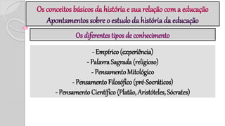 Os conceitos básicos da história e sua relação com a educação
Apontamentos sobre o estudo da história da educação
Os diferentes tipos de conhecimento
- Empírico (experiência)
- Palavra Sagrada (religioso)
- Pensamento Mitológico
- Pensamento Filosófico (pré-Socráticos)
- Pensamento Científico (Platão, Aristóteles, Sócrates)
 
