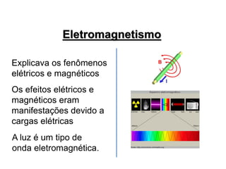 Explicava os fenômenos
elétricos e magnéticos
Os efeitos elétricos e
magnéticos eram
manifestações devido a
cargas elétricas
Eletromagnetismo
A luz é um tipo de
onda eletromagnética.
 
