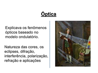 Explicava os fenômenos
ópticos baseado no
modelo ondulatório.
Natureza das cores, os
eclipses, difração,
interferência, polarização,
refração e aplicações
Óptica
 