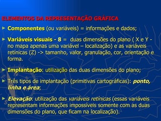 ELEMENTOS DA REPRESENTAÇÃO GRÁFICA
►   Componentes (ou variáveis) = informações e dados;
►   Variáveis visuais - 8 = duas dimensões do plano ( X e Y -
    no mapa apenas uma variável – localização) e as variáveis
    retínicas (Z) -> tamanho, valor, granulação, cor, orientação e
    forma.
►   Implantação: utilização das duas dimensões do plano;
►   Três tipos de implantação (primitivas cartográficas): ponto,
    linha e área;
►   Elevação: utilização das variáveis retínicas (essas variáveis
    representam informações impossíveis somente com as duas
    dimensões do plano, que ficam na localização).
 
