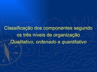 Classificação dos componentes segundo
     os três níveis de organização
   Qualitativo, ordenado e quantitativo
 