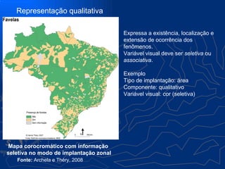 Representação qualitativa

                                        Expressa a existência, localização e
                                        extensão de ocorrência dos
                                        fenômenos.
                                        Variável visual deve ser seletiva ou
                                        associativa.

                                        Exemplo
                                        Tipo de implantação: área
                                        Componente: qualitativo
                                        Variável visual: cor (seletiva)




Mapa corocromático com informação
seletiva no modo de implantação zonal
   Fonte: Archela e Théry, 2008
 