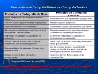 Características da Cartografia Sistemática e Cartografia Temática

                                                       Produtos da Cartografia
Produtos da Cartografia de Base
Mapas topográficos com a representação do
                                                               Temática
terreno                                         Mapas temáticos que representam qualquer tema

Atendem a uma ampla diversidade de propósitos   Atendem usuários específicos

Podem ser utilizados por muito tempo            Geralmente os dados são superados com rapidez
Não requerem conhecimento específico para sua   Requerem conhecimento específico para sua
compreensão. Leitura simples                    compreensão. Interpretação complexa.
Elaborados por pessoas especializadas em        Geralmente elaborados por pessoas não
cartografia                                     especializadas em cartografia.
Utilizam cores de acordo com a convenção        Utiliza cores de acordo com as relações entre os
estabelecida para mapas topográficos            dados que apresenta
                                                Uso de símbolos gráficos, especialmente
Uso generalizado de palavras e números para
                                                planejados para facilitar a compreensão de
mostrar os fatos
                                                diferenças quantitativas e qualitativas
Sempre servem de base para outras               Raramente servem de base para outras
representações.                                 representações.

        Sanchez (1981) apud Archela (2000)

Joly (1990) cartografia temática: todos os mapas que tratam de outro assunto
além da simples representação do terreno.
 