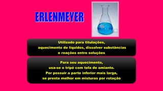 Utilizado para titulações,
aquecimento de líquidos, dissolver substâncias
e reações entre soluções
Para seu aquecimento,
usa-se o tripé com tela de amianto.
Por possuir a parte inferior mais larga,
se presta melhor em misturas por rotação
 