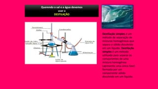 Querendo o sal e a água devemos
usar a
DESTILAÇÃO
Destilação simples é um
método de separação de
misturas homogêneas que
separa o sólido dissolvido
em um líquido. Destilação
simples é um método
utilizado para separar os
componentes de uma
mistura homogênea
(apresenta uma única fase)
formada por um
componente sólido
dissolvido em um líquido.
 