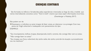 CRENÇAS CENTRAIS
São formadas na infância e fortalecidas pelas experiências vivenciadas ao lingo da vida, á medida que
vamos internalizando conceitos como “Você é inútil”, mesmo que essas sejam informações incorretas.
(Geenberger e Padesky, 2017)
Elas podem ser de:
❖Desamparo: o indivíduo se sente incapaz de fazer coisas, se relacionar e se proteger, Com isso,
pensa ser frágil, vulnerável e inadequado com pensamentos do tipo:
EXEMPLO:
“Sou incompetente, ineficaz, incapaz, desemparado, inútil e carente, não consigo lidar com as coisas;
“Não consigo fazer as coisas.”
“Sou incapaz, sou fraco, vulnerável, não tenho saída, não tenho controle da situação e provavelmente
vou me machucar.”
 