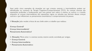 Aqui estão cinco exemplos de situações em que crenças centrais e intermediárias podem ser
identificadas no contexto da Terapia Cognitivo-Comportamental (TCC). As crenças centrais são
suposições profundas e fundamentais que uma pessoa tem sobre si mesma, os outros e o mundo,
enquanto as crenças intermediárias são suposições, regras ou atitudes que derivam dessas crenças
centrais e que influenciam os pensamentos automáticos e comportamentos da pessoa.
1 Situação: João recebe críticas de seu chefe sobre o trabalho que realizou.
Crença Central?
Crença Intermediária?
Pensamento Automático?
2- Situação: Maria evita ir a eventos sociais, mesmo sendo convidada por amigos.
• Crença Central:
• Crença Intermediária:
• Pensamento Automático:
 
