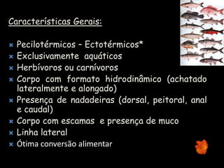 Características Gerais:
 Pecilotérmicos – Ectotérmicos*
 Exclusivamente aquáticos
 Herbívoros ou carnívoros
 Corpo com formato hidrodinâmico (achatado
lateralmente e alongado)
 Presença de nadadeiras (dorsal, peitoral, anal
e caudal)
 Corpo com escamas e presença de muco
 Linha lateral
 Ótima conversão alimentar
 