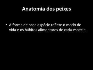Anatomia dos peixes
• A forma de cada espécie reflete o modo de
vida e os hábitos alimentares de cada espécie.
 