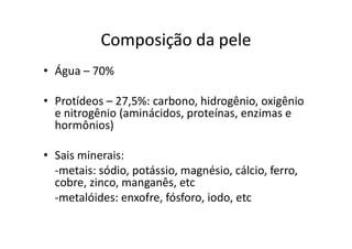 Composição da pele
• Água – 70%
• Protídeos – 27,5%: carbono, hidrogênio, oxigênio
e nitrogênio (aminácidos, proteínas, enzimas e
hormônios)
• Sais minerais:
-metais: sódio, potássio, magnésio, cálcio, ferro,
cobre, zinco, manganês, etc
-metalóides: enxofre, fósforo, iodo, etc
 
