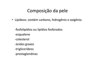 Composição da pele
• Lipídeos: contém carbono, hidrogênio e oxigênio.
-fosfolipídios ou lipídios fosforados
-esqualeno
-colesterol
-ácidos graxos
-triglicerídeos
-prostaglandinas
 