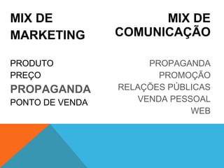 MIX DE                 MIX DE
MARKETING        COMUNICAÇÃO

PRODUTO                PROPAGANDA
PREÇO                    PROMOÇÃO
PROPAGANDA       RELAÇÕES PÚBLICAS
PONTO DE VENDA       VENDA PESSOAL
                               WEB
 