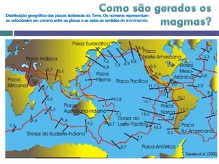 Distribuição geográfica das placas tectônicas da Terra. Os números representam
as velocidades em cm/ano entre as placas e as setas os sentidosdo movimento.
 