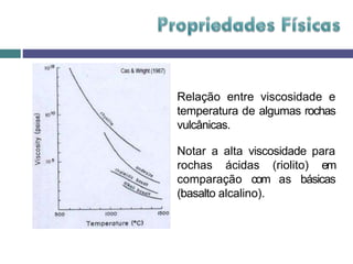 Relação entre viscosidade e
temperatura de algumas rochas
vulcânicas.
Notar a alta viscosidade para
rochas ácidas (riolito) em
comparação com as básicas
(basalto alcalino).
 