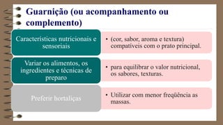 Guarnição (ou acompanhamento ou
complemento)
• (cor, sabor, aroma e textura)
compatíveis com o prato principal.
Características nutricionais e
sensoriais
• para equilibrar o valor nutricional,
os sabores, texturas.
Variar os alimentos, os
ingredientes e técnicas de
preparo
• Utilizar com menor freqüência as
massas.
Preferir hortaliças
 