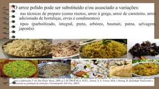 O arroz polido pode ser substituído e/ou associado a variações:
– nas técnicas de preparo (como risotos, arroz à grega, arroz de carreteiro, arroz
adicionado de hortaliças, ervas e condimentos)
– tipos (parboilizado, integral, preto, arbóreo, basmati, patna, selvagem,
japonês).
(Martinez S, Freire RBM, Nogueira SFB, Falck RK. Regras gerais de elaboração de cardápios. In: Silva e Martinez (org) Cardápio guia prático
para a elaboração.2ª ed. São Paulo: Roca, 2008. p.1-20. PROENÇA, R.P.C., Sousa, A A, Veiros, M.B. e Hering, B. Qualidade Nutricional e
Sensorial na produção de refeições. Florianópolis: Ed Ufsc, 2005)
 