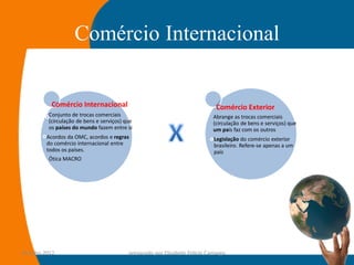 Comércio Internacional


           Comércio Internacional                                             Comércio Exterior
          Conjunto de trocas comerciais                                      Abrange as trocas comerciais
          (circulação de bens e serviços) que                                (circulação de bens e serviços) que
          os países do mundo fazem entre si                                  um país faz com os outros
         Acordos da OMC, acordos e regras                                    Legislação do comércio exterior
         do comércio internacional entre                                     brasileiro. Refere-se apenas a um
         todos os países.                                                    país
          Ótica MACRO




14-julho-2012                              preparado por Elisabete Felicio Camargo                                 8
 