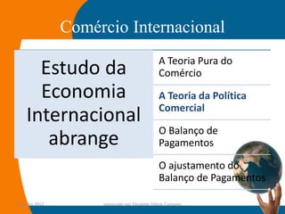 Comércio Internacional
                                                A Teoria Pura do
      Estudo da                                 Comércio
      Economia                                  A Teoria da Política
                                                Comercial
    Internacional
                                                O Balanço de
       abrange                                  Pagamentos

                                                O ajustamento do
                                                Balanço de Pagamentos

14-julho-2012        preparado por Elisabete Felicio Camargo            9
 