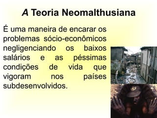 18 
A Teoria Neomalthusiana 
É uma maneira de encarar os 
problemas sócio-econômicos 
negligenciando os baixos 
salários e as péssimas 
condições de vida que 
vigoram nos países 
subdesenvolvidos. 
 