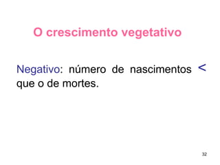 32 
O crescimento vegetativo 
Negativo: número de nascimentos < 
que o de mortes. 
 