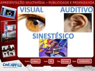 AUDITIVO 
SINESTÉSICO 
Turma: Aula: Pág: Data: 12/09/2014 
T 2506 A 01 07 à 13 
 