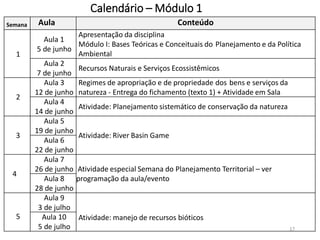 Calendário – Módulo 1
17
Semana Aula Conteúdo
1
Aula 1
5 de junho
Apresentação da disciplina
Módulo I: Bases Teóricas e Conceituais do Planejamento e da Política
Ambiental
Aula 2
7 de junho
Recursos Naturais e Serviços Ecossistêmicos
2
Aula 3
12 de junho
Regimes de apropriação e de propriedade dos bens e serviços da
natureza - Entrega do fichamento (texto 1) + Atividade em Sala
Aula 4
14 de junho
Atividade: Planejamento sistemático de conservação da natureza
3
Aula 5
19 de junho
Atividade: River Basin Game
Aula 6
22 de junho
4
Aula 7
26 de junho Atividade especial Semana do Planejamento Territorial – ver
programação da aula/eventoAula 8
28 de junho
5
Aula 9
3 de julho
Atividade: manejo de recursos bióticosAula 10
5 de julho
 