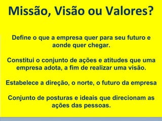 www.fgv.br/fgvonline 
12 
MMiissssããoo,, VViissããoo oouu VVaalloorreess?? 
Define o que a empresa quer para seu futuro e 
aonde quer chegar. 
Constitui o conjunto de ações e atitudes que uma 
empresa adota, a fim de realizar uma visão. 
Estabelece a direção, o norte, o futuro da empresa 
Conjunto de posturas e ideais que direcionam as 
ações das pessoas. 
 