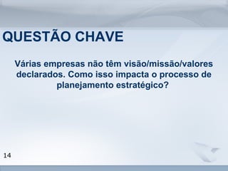 QUESTÃO CHAVE 
Várias empresas não têm visão/missão/valores 
www.fgv.br/fgvonline 
14 
declarados. Como isso impacta o processo de 
planejamento estratégico? 
 