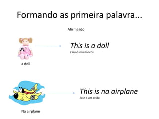 Formando as primeira palavra...Afirmando This is a dollEssa é uma bonecaa dollThis is na airplaneEsse é um aviãoNa airplane