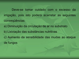 Deve-se tomar cuidado com o excesso da
irrigação, pois isto poderá acarretar as seguintes
conseqüências:
a) Diminuição da circulação de ar no substrato
b) Lixiviação das substâncias nutritivas
c) Aumento da sensibilidade das mudas ao ataque
de fungos
 